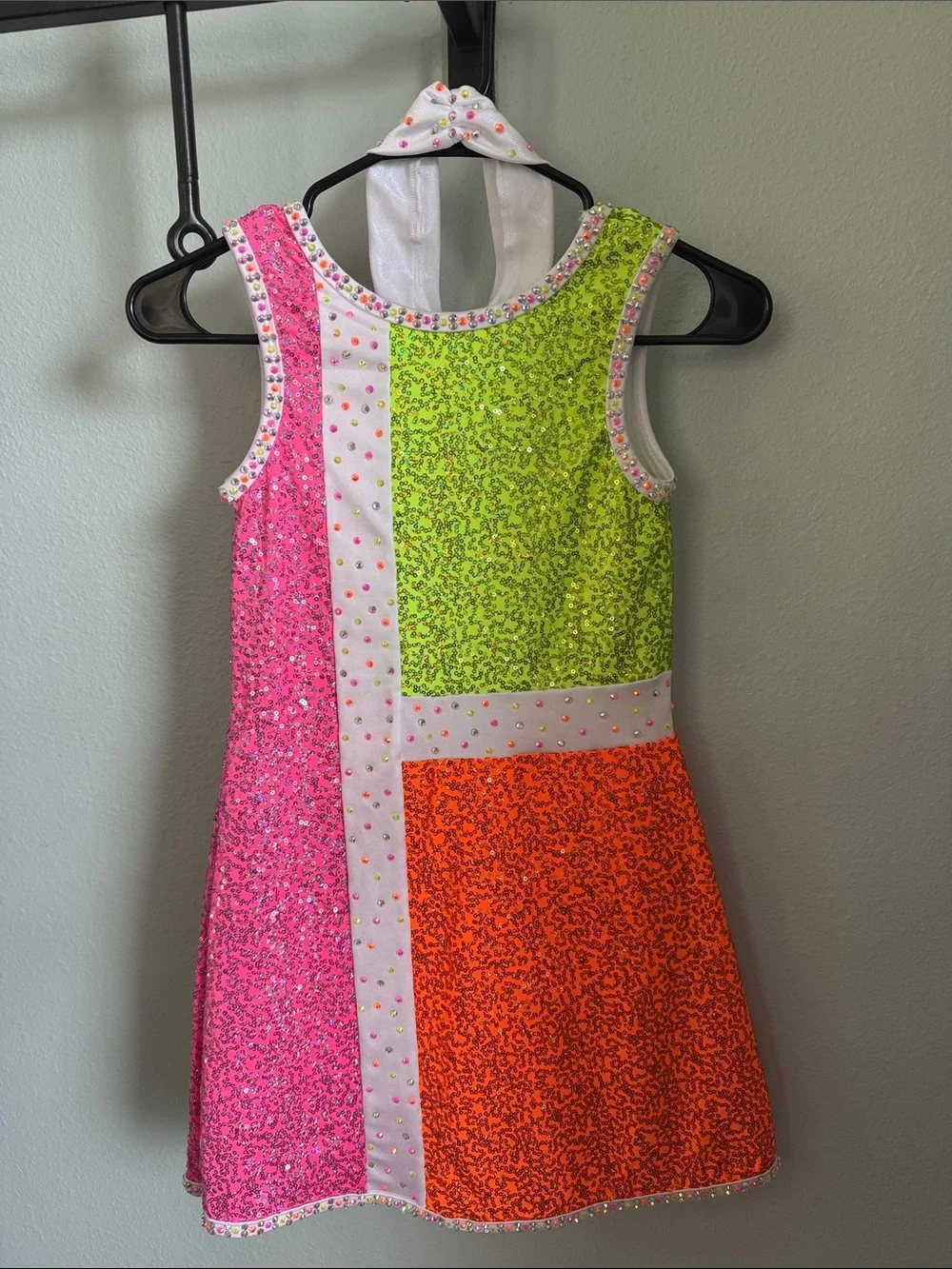 Style 25274 - Ring My  Bell Colorblock Halter Dress - Pink, Lime & Orange